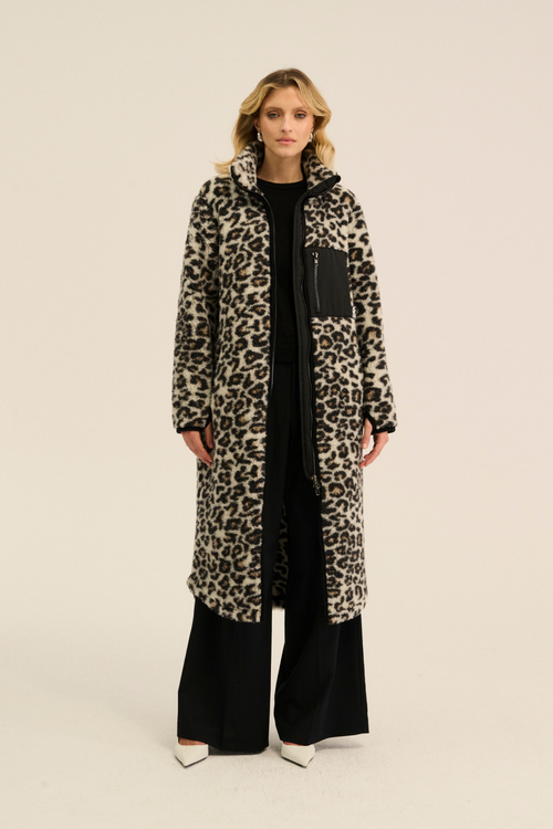 PŁASZCZ SHERPA LONG PATTERN LEOPARD BIAŁY