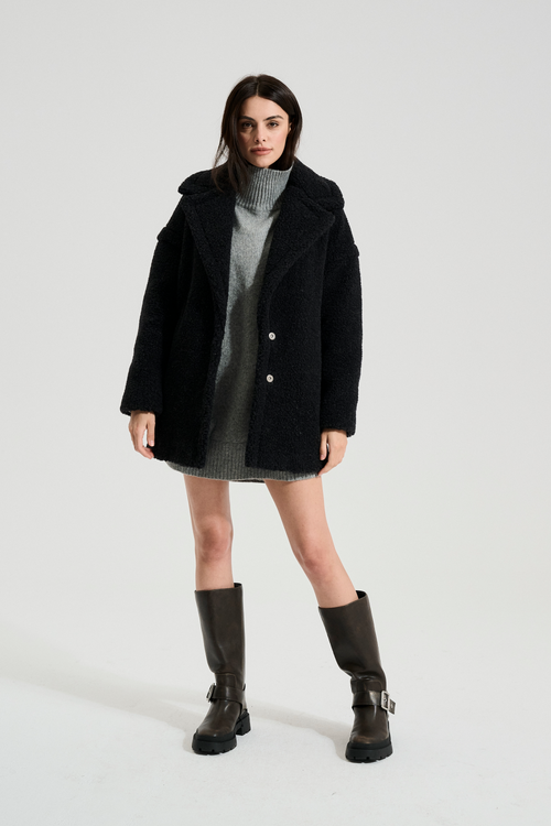 PŁASZCZ WEŁNIANY TEDDY MID GŁĘBOKA CZERŃ