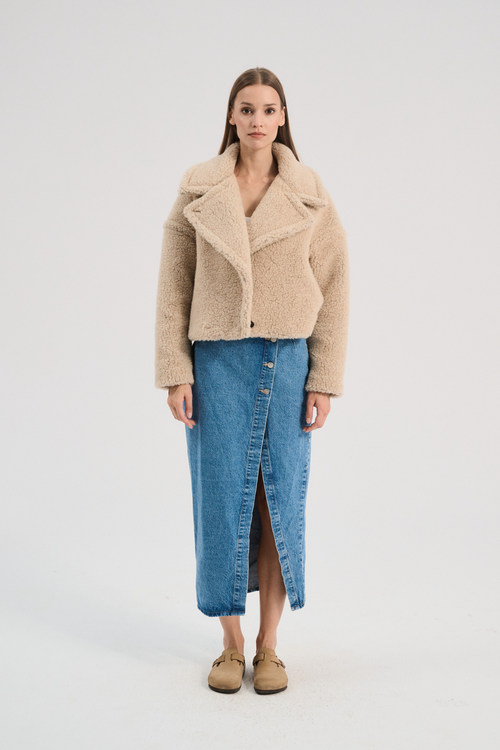 KURTKA WEŁNIANA TEDDY SHORT PIASKOWY BRĄZ