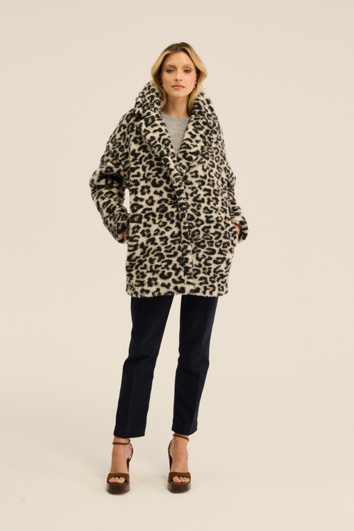 PŁASZCZ TEDDY MID PATTERN LEOPARD BIAŁY