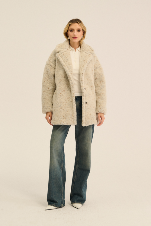 PŁASZCZ MERINO TEDDY MID KROPKI MULTI BEŻ